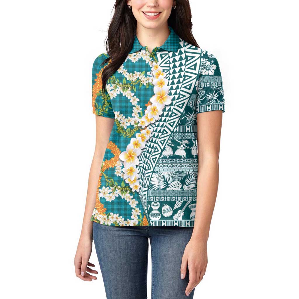 Hawaiian Plumeria Lei Women Polo Shirt Kakau Motifs and Palaka Half Style Turquoise Color LT03 - Polynesian Pride