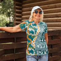 Hawaiian Plumeria Lei Women Polo Shirt Kakau Motifs and Palaka Half Style Turquoise Color LT03 - Polynesian Pride