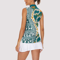 Hawaiian Plumeria Lei Women Sleeveless Polo Shirt Kakau Motifs and Palaka Half Style Turquoise Color LT03 - Polynesian Pride