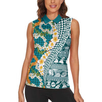 Hawaiian Plumeria Lei Women Sleeveless Polo Shirt Kakau Motifs and Palaka Half Style Turquoise Color LT03 - Polynesian Pride