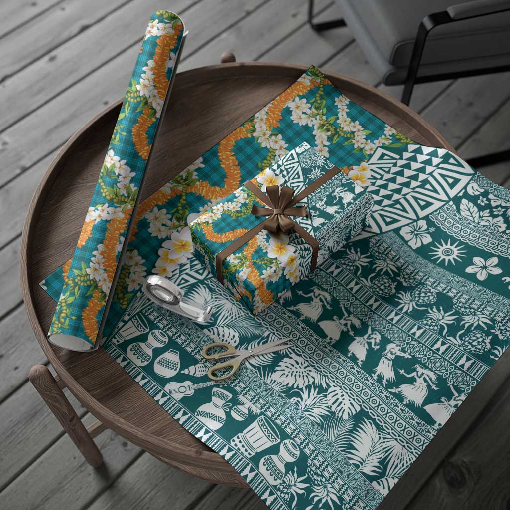 Hawaiian Plumeria Lei Wrapping Paper Kakau Motifs and Palaka Half Style Turquoise Color - Polynesian Pride