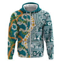 Hawaiian Plumeria Lei Zip Hoodie Kakau Motifs and Palaka Half Style Turquoise Color LT03 Zip Hoodie Turquoise - Polynesian Pride