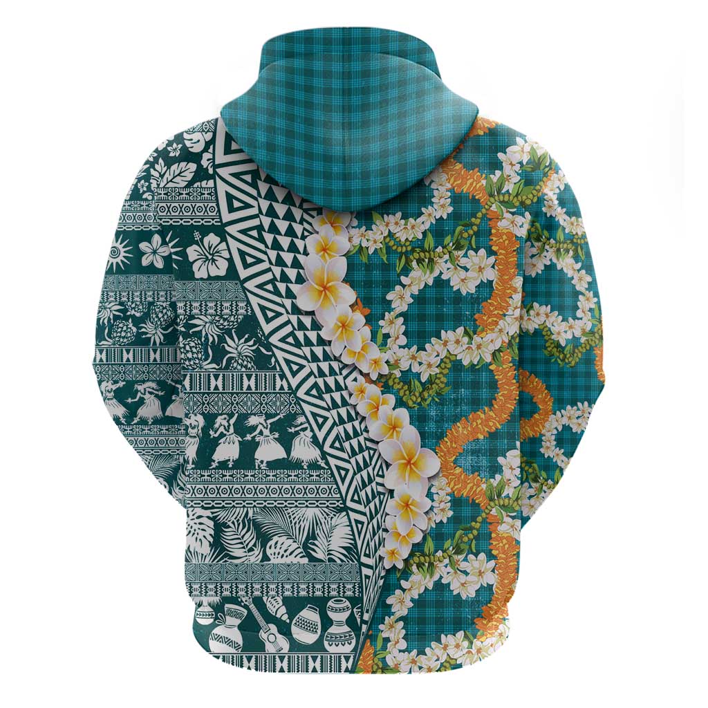 Hawaiian Plumeria Lei Zip Hoodie Kakau Motifs and Palaka Half Style Turquoise Color LT03 - Polynesian Pride