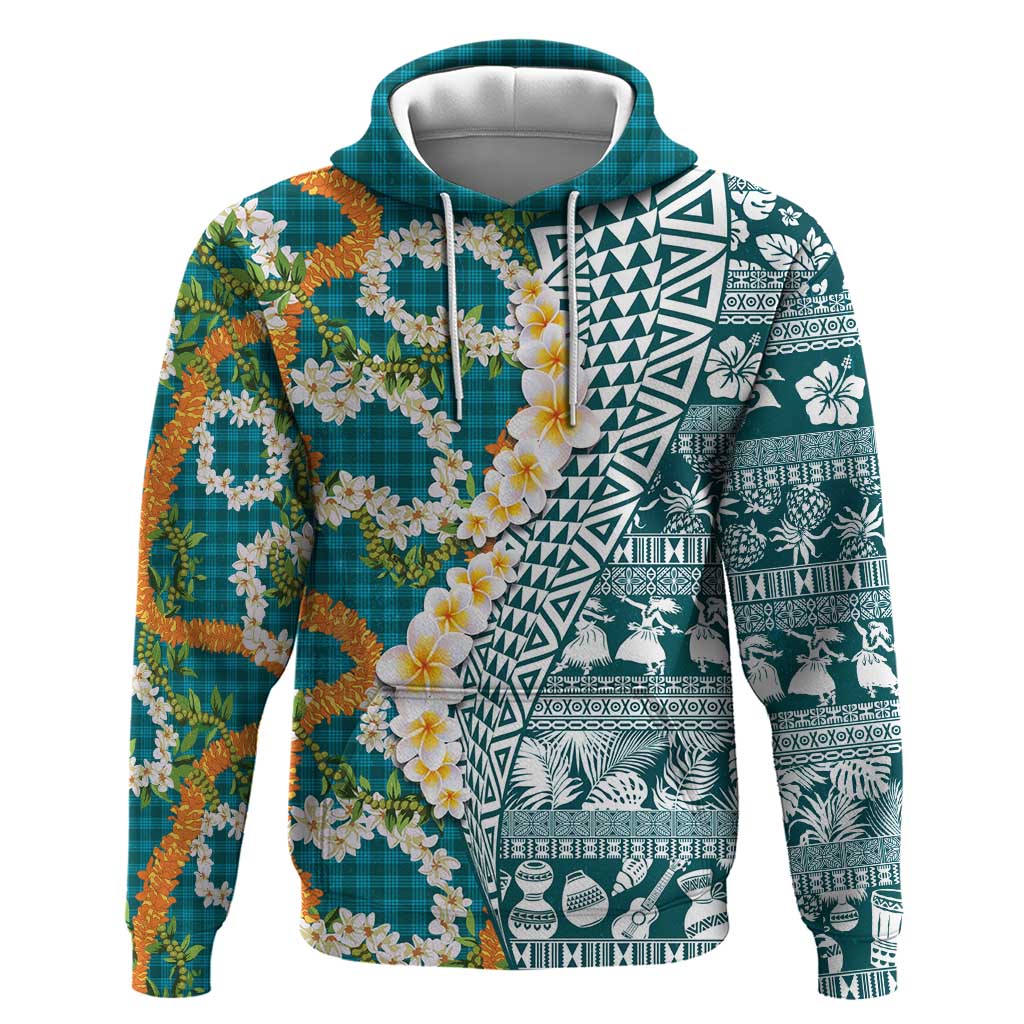 Hawaiian Plumeria Lei Zip Hoodie Kakau Motifs and Palaka Half Style Turquoise Color LT03 Pullover Hoodie Turquoise - Polynesian Pride