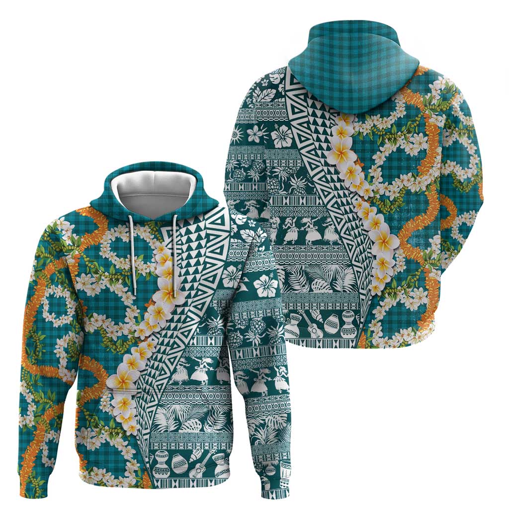 Hawaiian Plumeria Lei Zip Hoodie Kakau Motifs and Palaka Half Style Turquoise Color LT03 - Polynesian Pride