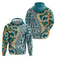 Hawaiian Plumeria Lei Zip Hoodie Kakau Motifs and Palaka Half Style Turquoise Color LT03 - Polynesian Pride