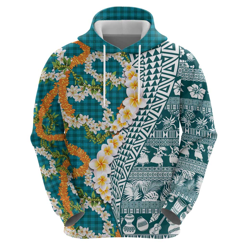 Hawaiian Plumeria Lei Zip Hoodie Kakau Motifs and Palaka Half Style Turquoise Color LT03 - Polynesian Pride