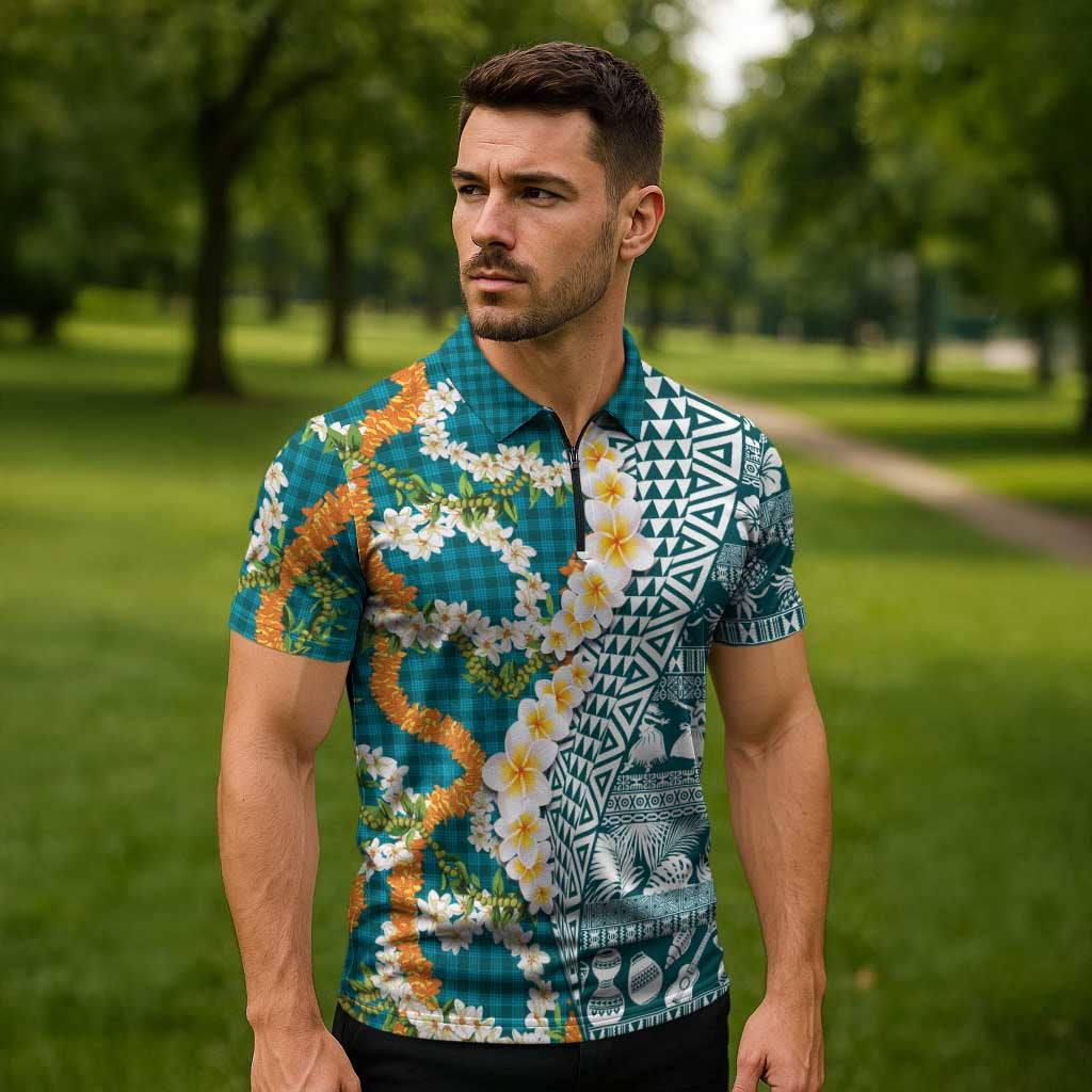 Hawaiian Plumeria Lei Zipper Polo Shirt Kakau Motifs and Palaka Half Style Turquoise Color LT03 - Polynesian Pride