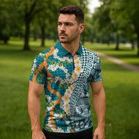 Hawaiian Plumeria Lei Zipper Polo Shirt Kakau Motifs and Palaka Half Style Turquoise Color LT03 - Polynesian Pride