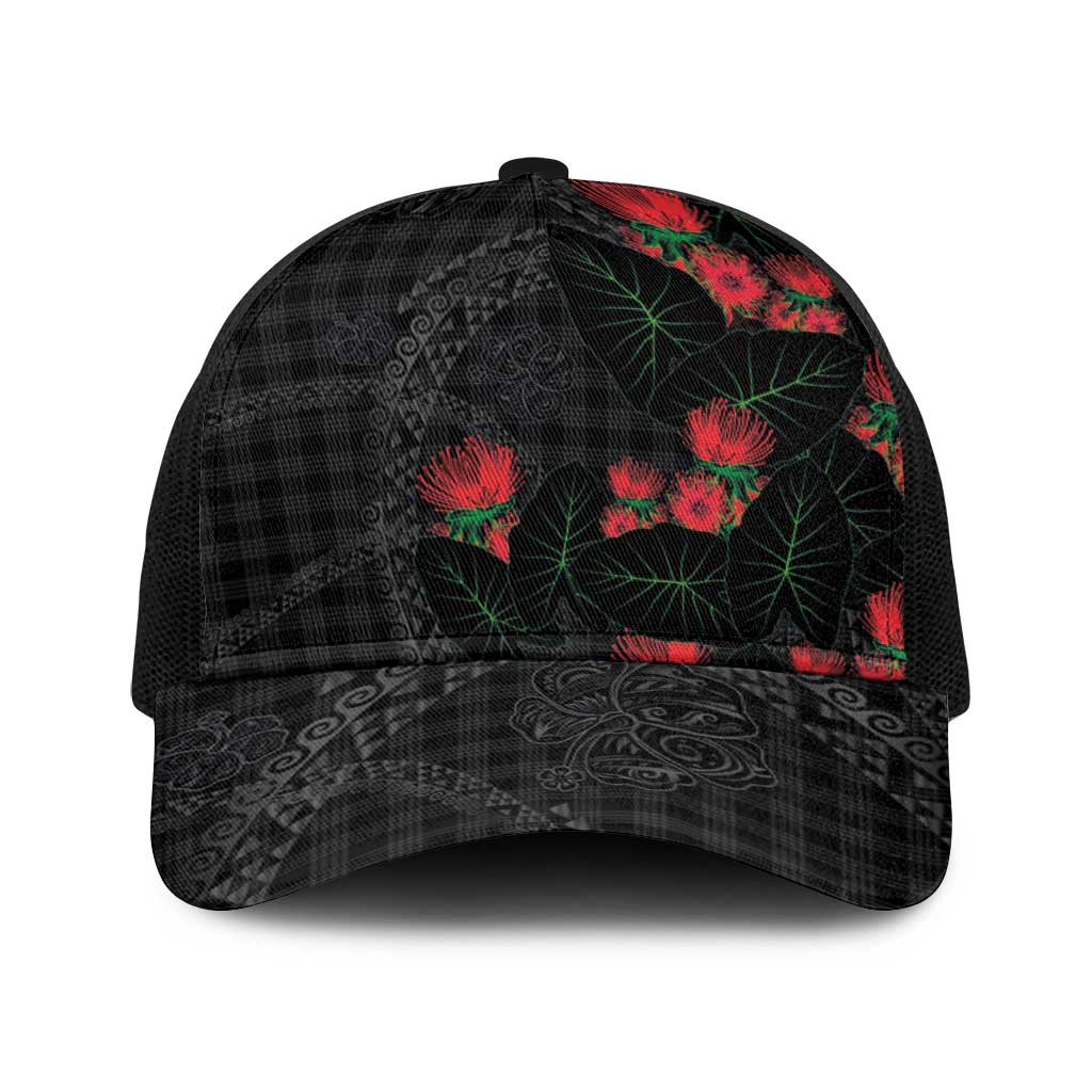 Hawaiian Kakau Art Baseball Net Cap Taro Leaves with Ohia Lehua and Pakala Pattern - Polynesian Pride