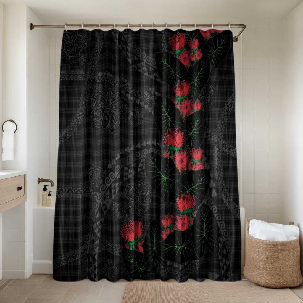 Hawaiian Kakau Art Bathroom Set Taro Leaves with Ohia Lehua and Pakala Pattern LT03 Shower Curtain Only Black - Polynesian Pride