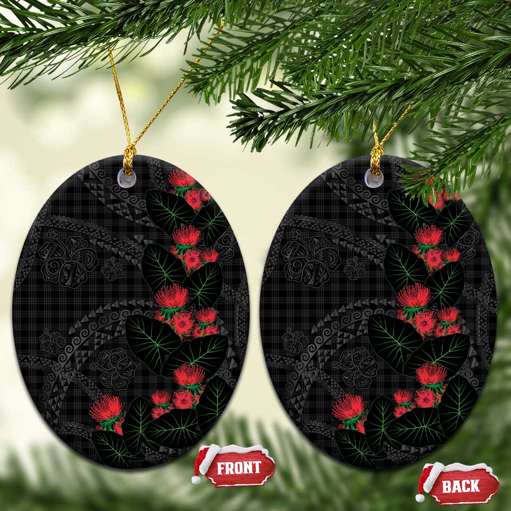 Hawaiian Kakau Art Ceramic Ornament Taro Leaves with Ohia Lehua and Pakala Pattern - Polynesian Pride