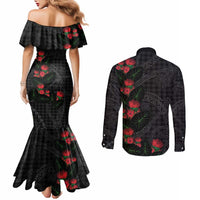 Hawaiian Kakau Art Couples Matching Mermaid Dress and Long Sleeve Button Shirt Taro Leaves with Ohia Lehua and Pakala Pattern LT03 - Polynesian Pride