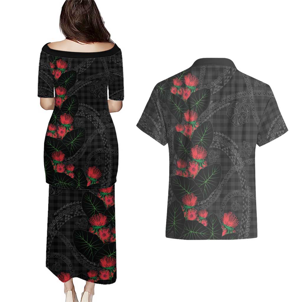 Hawaiian Kakau Art Couples Matching Puletasi and Hawaiian Shirt Taro Leaves with Ohia Lehua and Pakala Pattern - Polynesian Pride