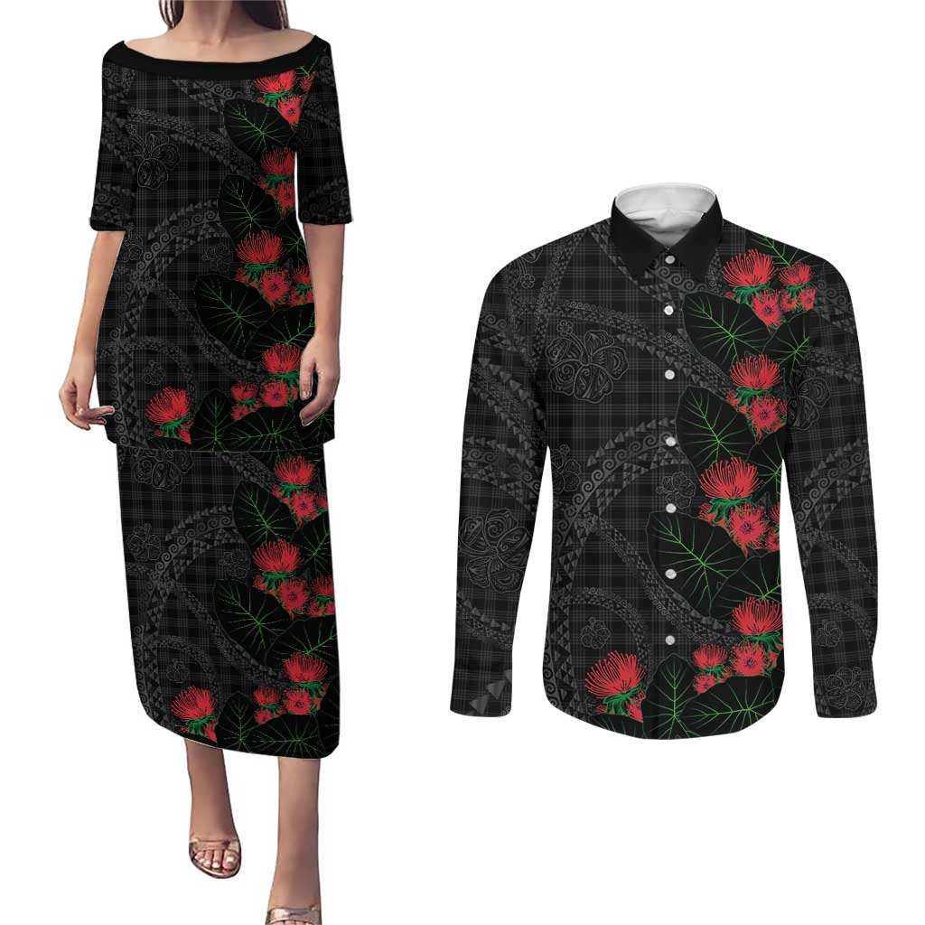 Hawaiian Kakau Art Couples Matching Puletasi and Long Sleeve Button Shirt Taro Leaves with Ohia Lehua and Pakala Pattern - Polynesian Pride