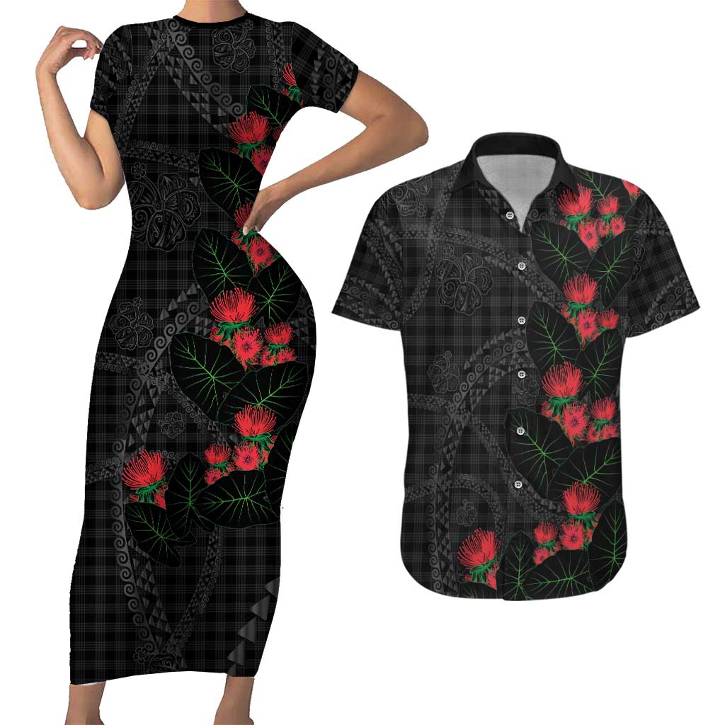 Hawaiian Kakau Art Couples Matching Short Sleeve Bodycon Dress and Hawaiian Shirt Taro Leaves with Ohia Lehua and Pakala Pattern LT03 Black - Polynesian Pride