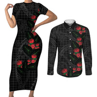 Hawaiian Kakau Art Couples Matching Short Sleeve Bodycon Dress and Long Sleeve Button Shirt Taro Leaves with Ohia Lehua and Pakala Pattern LT03 Black - Polynesian Pride