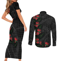 Hawaiian Kakau Art Couples Matching Short Sleeve Bodycon Dress and Long Sleeve Button Shirt Taro Leaves with Ohia Lehua and Pakala Pattern LT03 - Polynesian Pride
