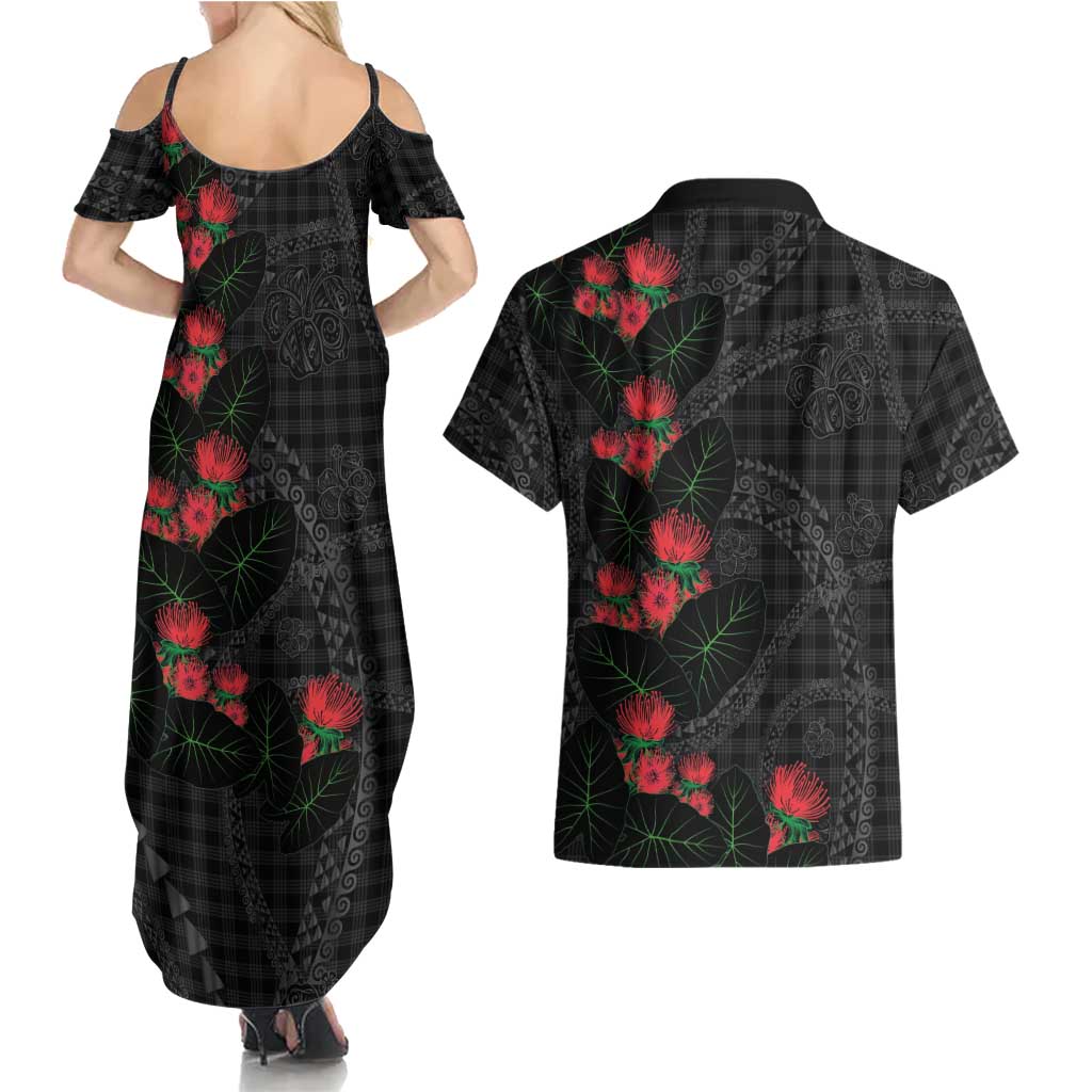Hawaiian Kakau Art Couples Matching Summer Maxi Dress and Hawaiian Shirt Taro Leaves with Ohia Lehua and Pakala Pattern LT03 - Polynesian Pride