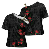 Hawaiian Kakau Art Cross Shoulder Shirt Taro Leaves with Ohia Lehua and Pakala Pattern - Polynesian Pride