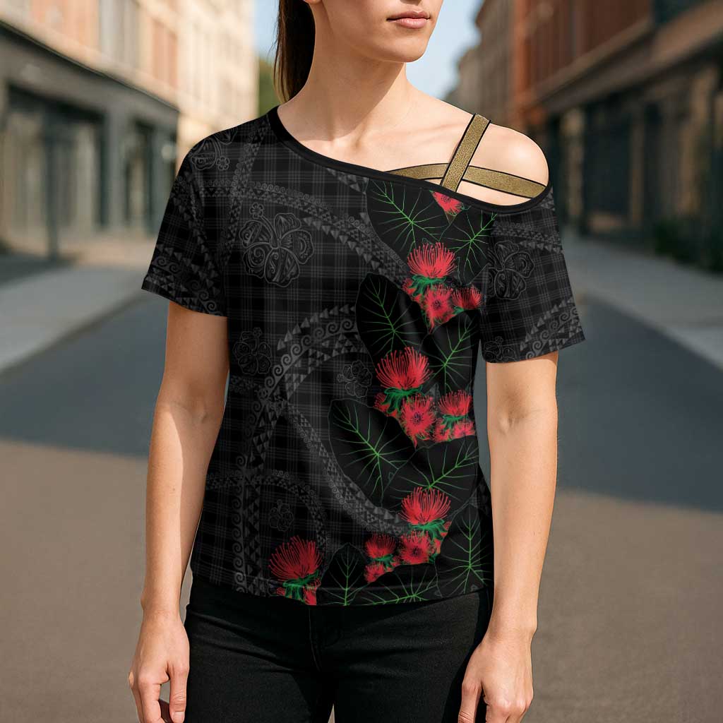Hawaiian Kakau Art Cross Shoulder Shirt Taro Leaves with Ohia Lehua and Pakala Pattern - Polynesian Pride