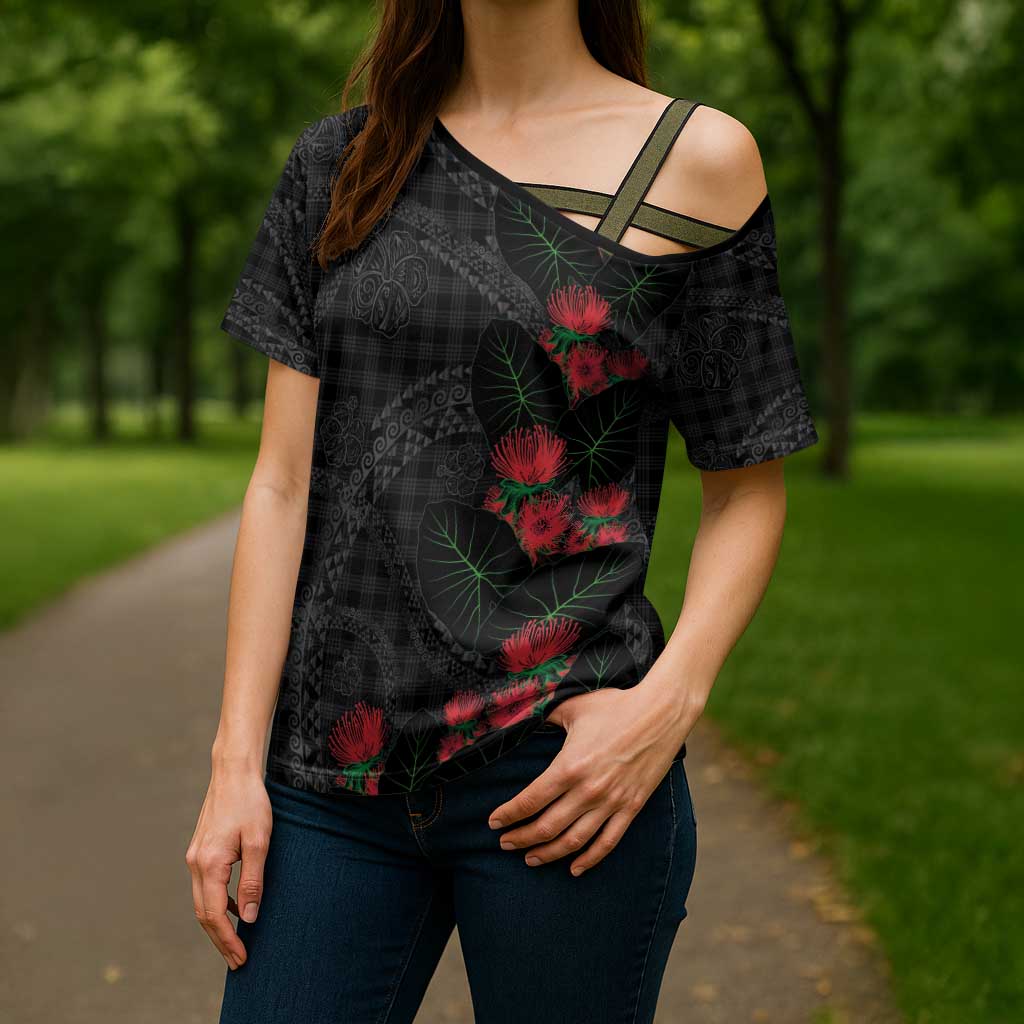 Hawaiian Kakau Art Cross Shoulder Shirt Taro Leaves with Ohia Lehua and Pakala Pattern - Polynesian Pride