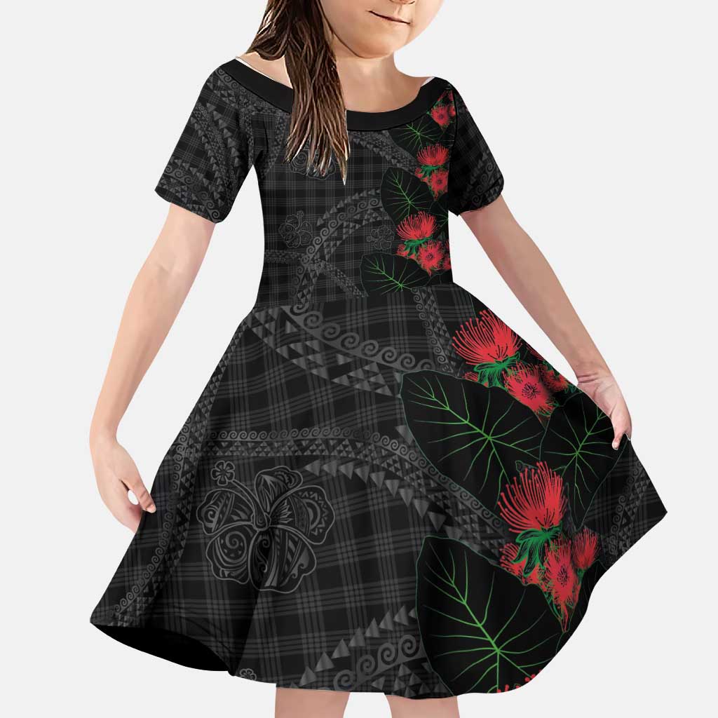 Hawaiian Kakau Art Family Matching Long Sleeve Bodycon Dress and Hawaiian Shirt Taro Leaves with Ohia Lehua and Pakala Pattern LT03 Daughter's Dress Black - Polynesian Pride