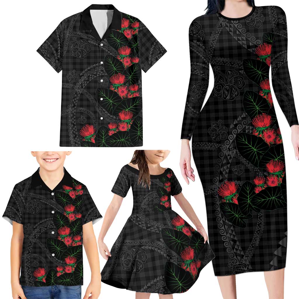 Hawaiian Kakau Art Family Matching Long Sleeve Bodycon Dress and Hawaiian Shirt Taro Leaves with Ohia Lehua and Pakala Pattern LT03 - Polynesian Pride