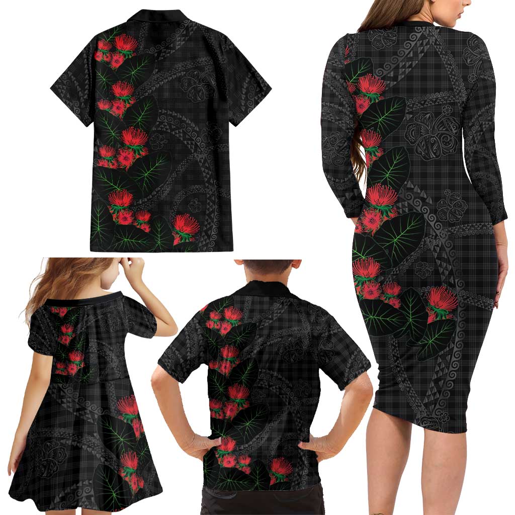Hawaiian Kakau Art Family Matching Long Sleeve Bodycon Dress and Hawaiian Shirt Taro Leaves with Ohia Lehua and Pakala Pattern LT03 - Polynesian Pride
