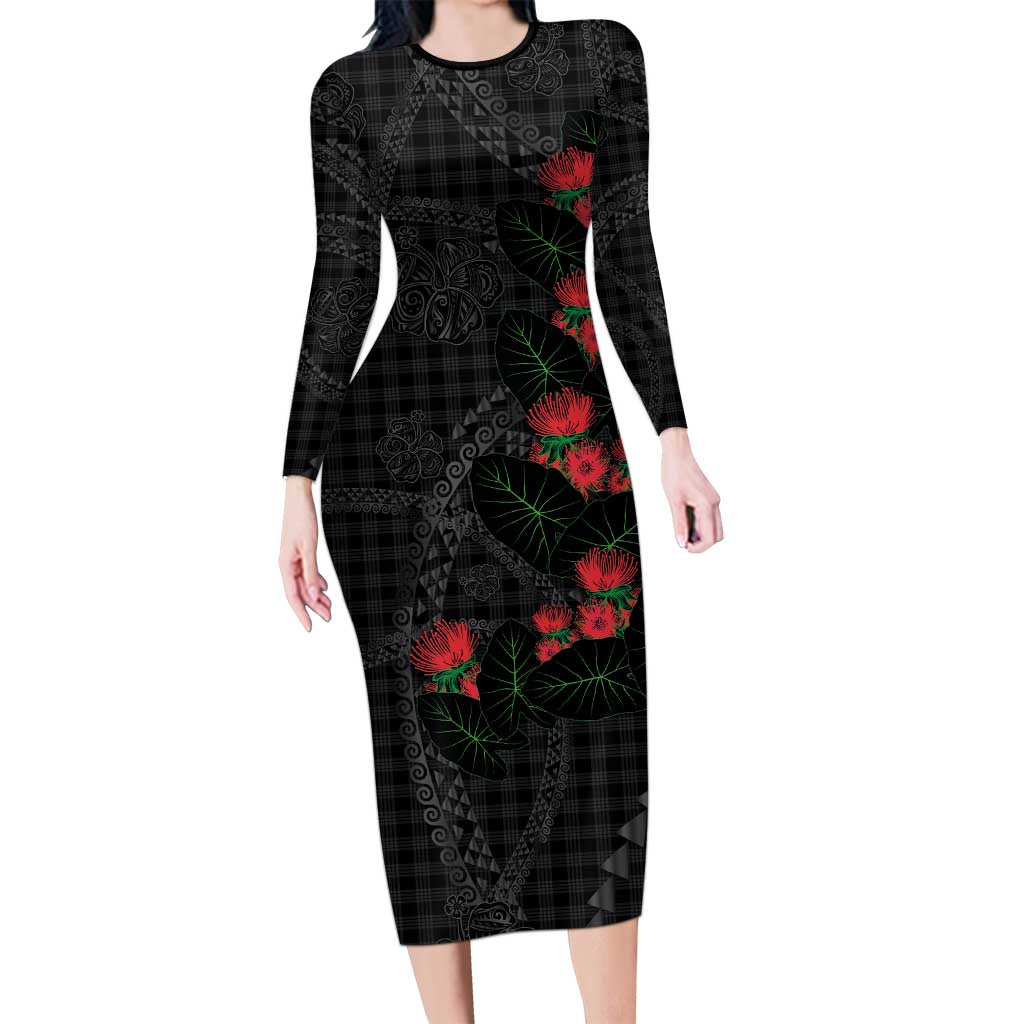 Hawaiian Kakau Art Family Matching Long Sleeve Bodycon Dress and Hawaiian Shirt Taro Leaves with Ohia Lehua and Pakala Pattern LT03 Mom's Dress Black - Polynesian Pride
