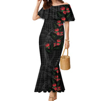 Hawaiian Kakau Art Family Matching Mermaid Dress and Hawaiian Shirt Taro Leaves with Ohia Lehua and Pakala Pattern LT03 Mom's Dress Black - Polynesian Pride