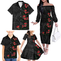 Hawaiian Kakau Art Family Matching Off The Shoulder Long Sleeve Dress and Hawaiian Shirt Taro Leaves with Ohia Lehua and Pakala Pattern LT03 - Polynesian Pride