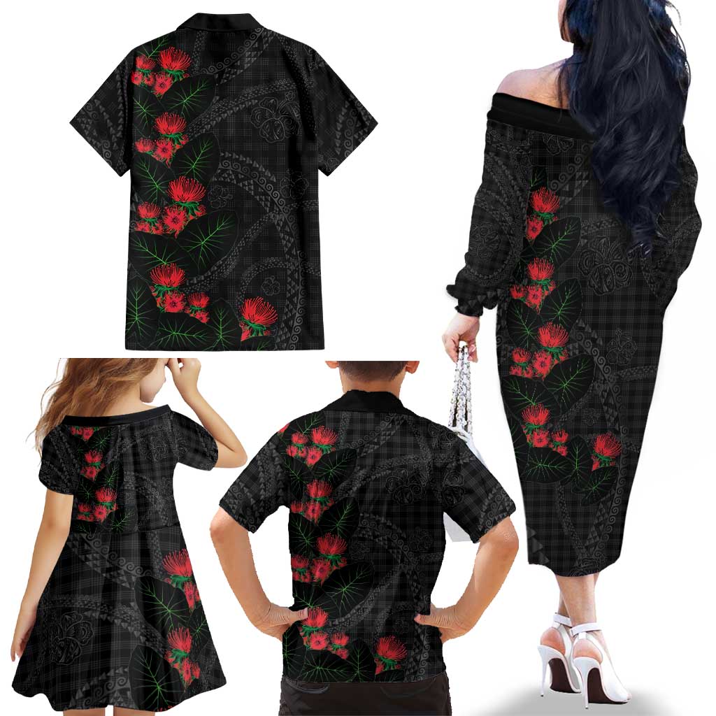 Hawaiian Kakau Art Family Matching Off The Shoulder Long Sleeve Dress and Hawaiian Shirt Taro Leaves with Ohia Lehua and Pakala Pattern LT03 - Polynesian Pride