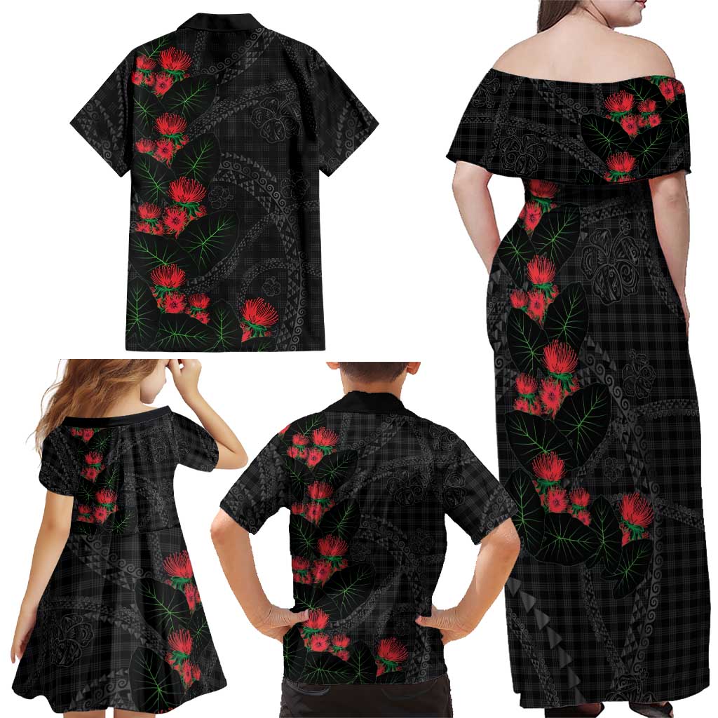 Hawaiian Kakau Art Family Matching Off Shoulder Maxi Dress and Hawaiian Shirt Taro Leaves with Ohia Lehua and Pakala Pattern LT03 - Polynesian Pride