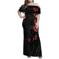 Hawaiian Kakau Art Family Matching Off Shoulder Maxi Dress and Hawaiian Shirt Taro Leaves with Ohia Lehua and Pakala Pattern LT03 Mom's Dress Black - Polynesian Pride