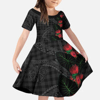 Hawaiian Kakau Art Family Matching Puletasi and Hawaiian Shirt Taro Leaves with Ohia Lehua and Pakala Pattern LT03 Daughter's Dress Black - Polynesian Pride
