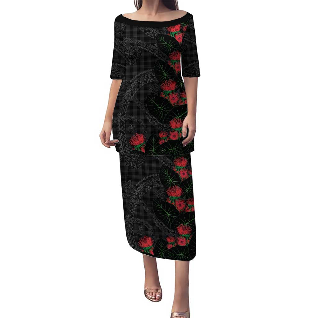Hawaiian Kakau Art Family Matching Puletasi and Hawaiian Shirt Taro Leaves with Ohia Lehua and Pakala Pattern LT03 Mom's Dress Black - Polynesian Pride