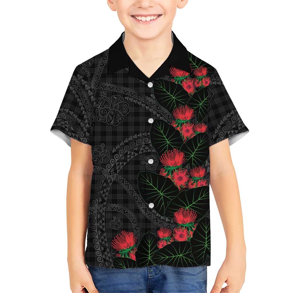Hawaiian Kakau Art Family Matching Puletasi and Hawaiian Shirt Taro Leaves with Ohia Lehua and Pakala Pattern LT03 Son's Shirt Black - Polynesian Pride