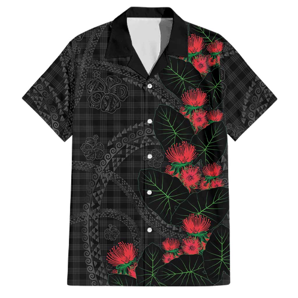 Hawaiian Kakau Art Family Matching Short Sleeve Bodycon Dress and Hawaiian Shirt Taro Leaves with Ohia Lehua and Pakala Pattern LT03 Dad's Shirt - Short Sleeve Black - Polynesian Pride