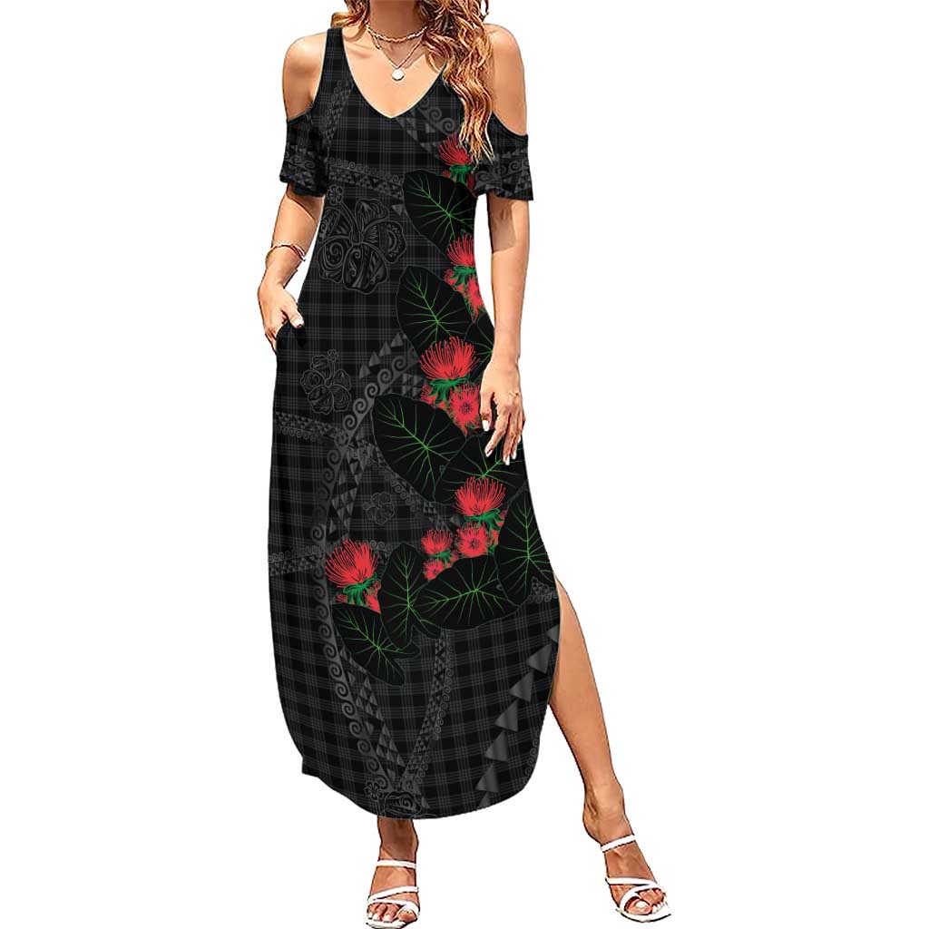 Hawaiian Kakau Art Family Matching Summer Maxi Dress and Hawaiian Shirt Taro Leaves with Ohia Lehua and Pakala Pattern LT03 Mom's Dress Black - Polynesian Pride