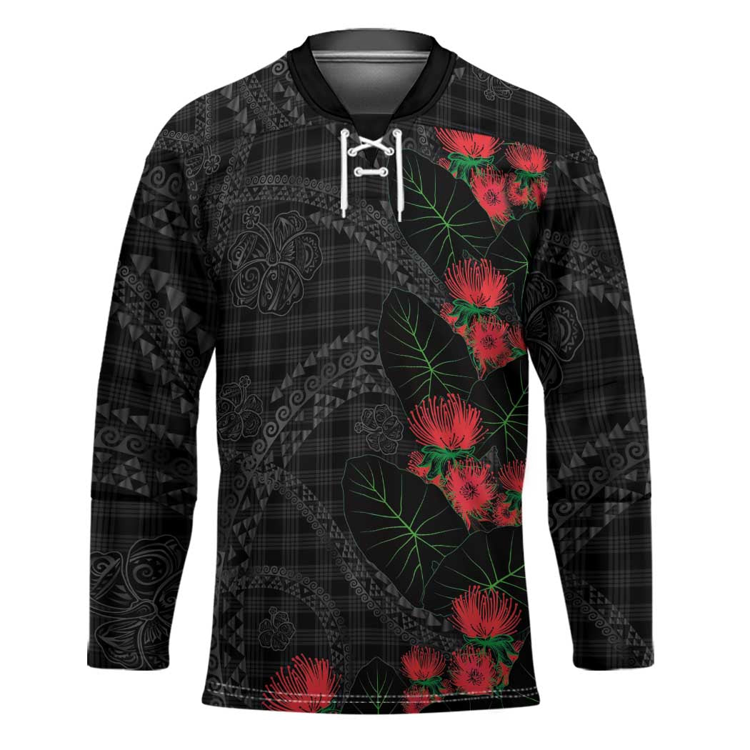 Hawaiian Kakau Art Hockey Jersey Taro Leaves with Ohia Lehua and Pakala Pattern - Polynesian Pride