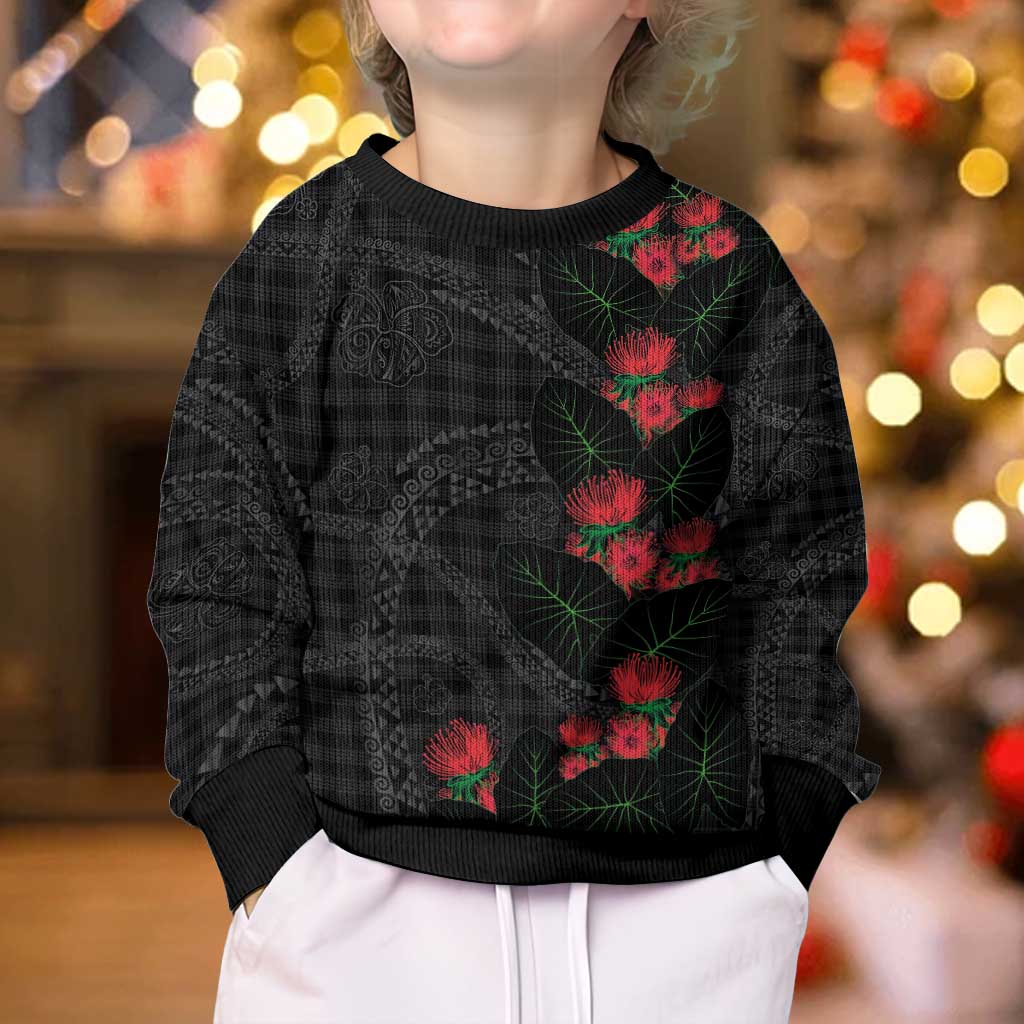 Hawaiian Kakau Art Kid Ugly Christmas Sweater Taro Leaves with Ohia Lehua and Pakala Pattern - Polynesian Pride