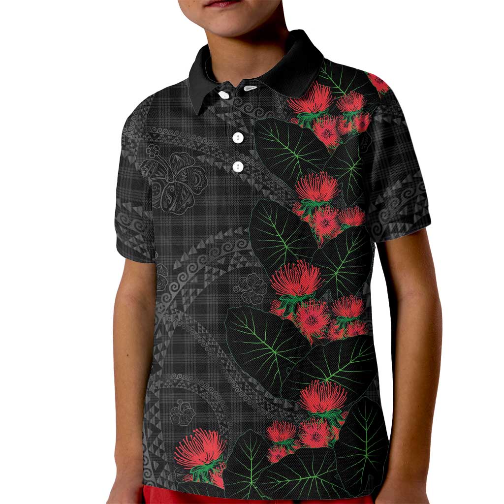 Hawaiian Kakau Art Kid Polo Shirt Taro Leaves with Ohia Lehua and Pakala Pattern - Polynesian Pride