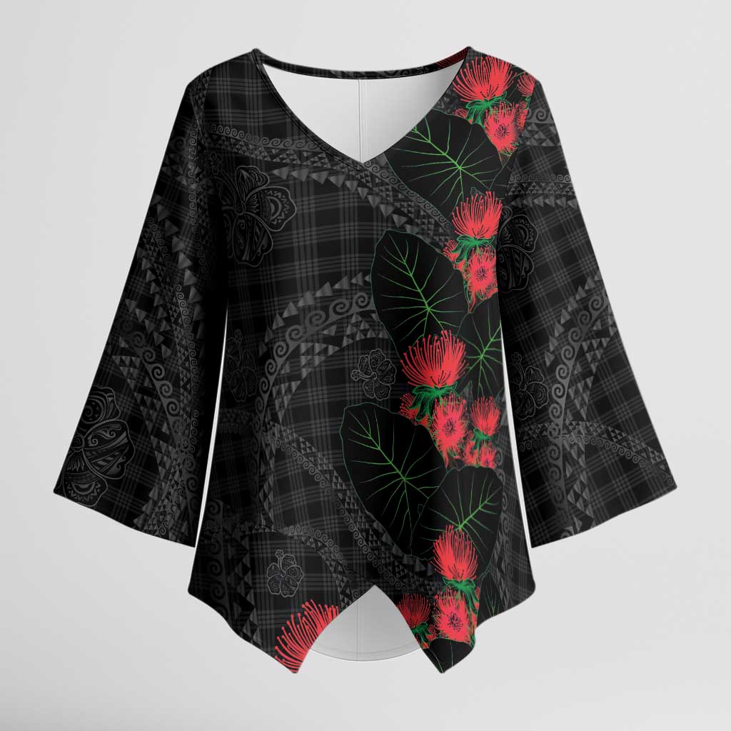 Hawaiian Kakau Art Kimono Sleeve Blouse Taro Leaves with Ohia Lehua and Pakala Pattern LT03 Female Black - Polynesian Pride