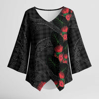 Hawaiian Kakau Art Kimono Sleeve Blouse Taro Leaves with Ohia Lehua and Pakala Pattern LT03 Female Black - Polynesian Pride