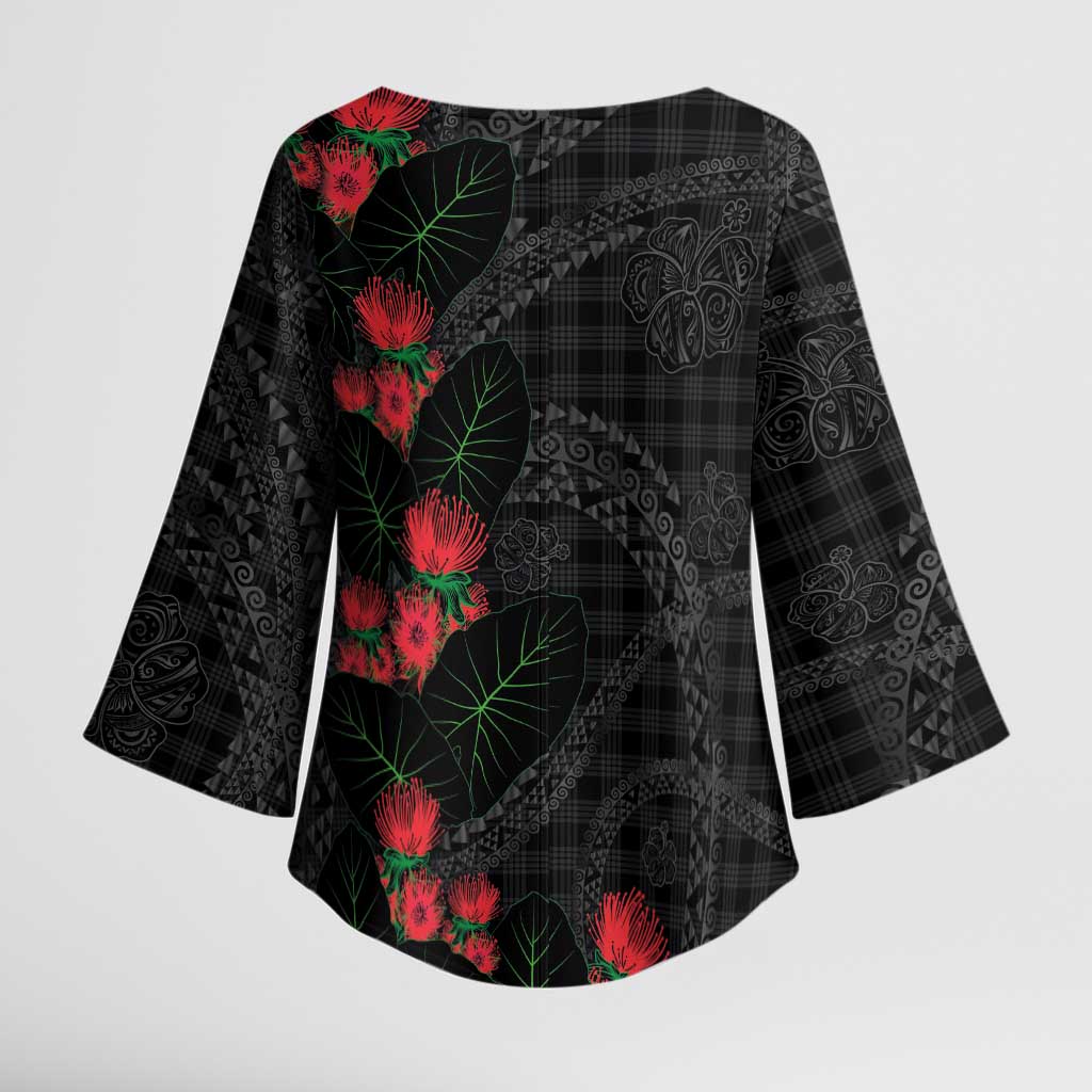Hawaiian Kakau Art Kimono Sleeve Blouse Taro Leaves with Ohia Lehua and Pakala Pattern LT03 - Polynesian Pride