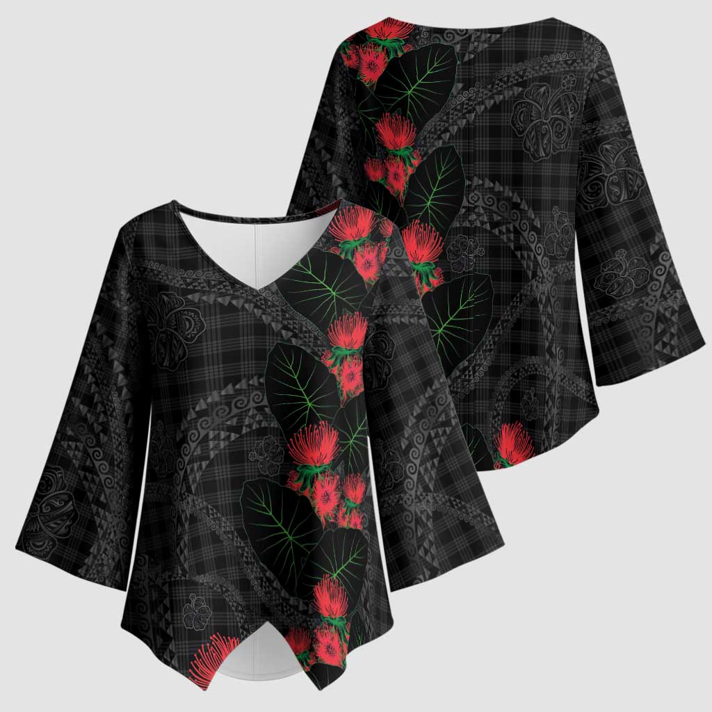 Hawaiian Kakau Art Kimono Sleeve Blouse Taro Leaves with Ohia Lehua and Pakala Pattern LT03 - Polynesian Pride