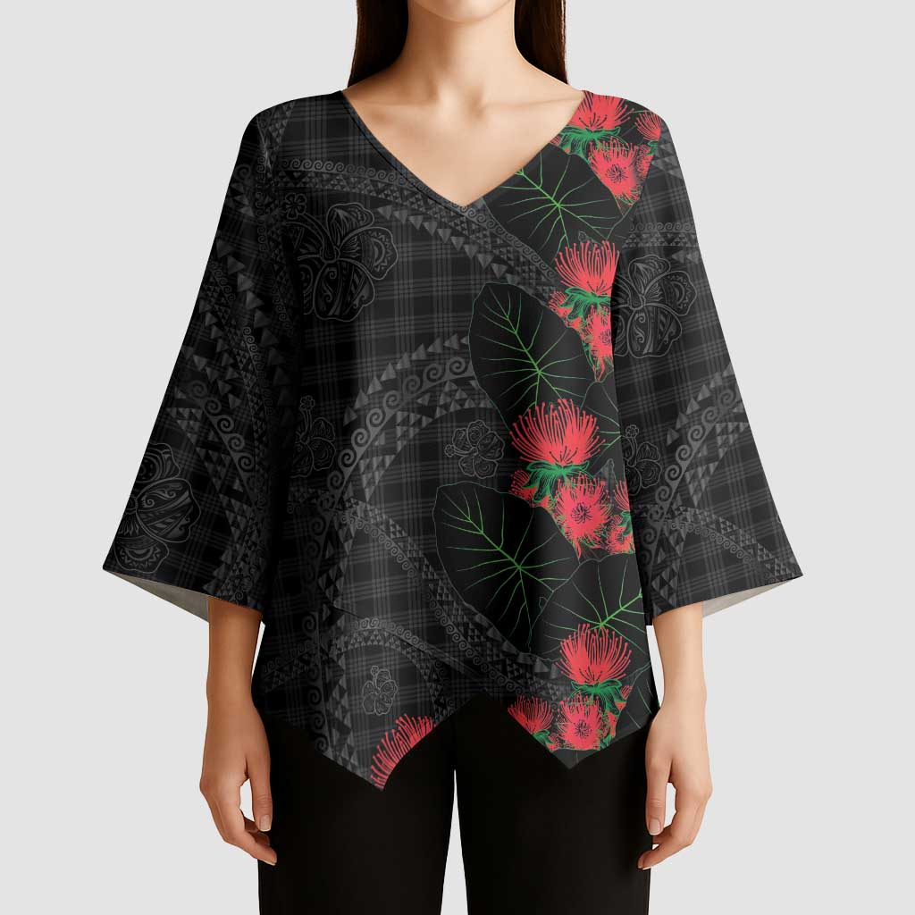 Hawaiian Kakau Art Kimono Sleeve Blouse Taro Leaves with Ohia Lehua and Pakala Pattern LT03 - Polynesian Pride