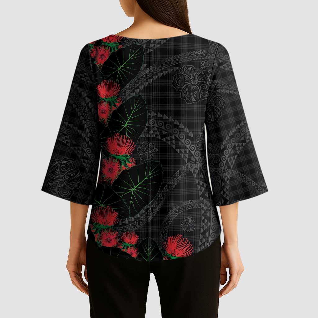 Hawaiian Kakau Art Kimono Sleeve Blouse Taro Leaves with Ohia Lehua and Pakala Pattern LT03 - Polynesian Pride