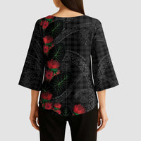 Hawaiian Kakau Art Kimono Sleeve Blouse Taro Leaves with Ohia Lehua and Pakala Pattern LT03 - Polynesian Pride